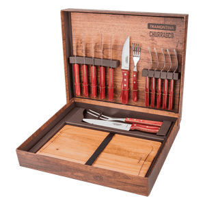 Juego para Asado con Láminas de Acero Inox y Mango de Madera Polywood roja 15 Pzas.