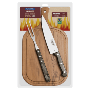 Juego para Asado Polywood Tramontina de Acero Inoxidable Mango Marrón Con Tabla de Madera 3 piezas