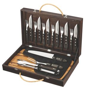 Juego para asado Polywood con cubiertos de acero inox Jumbo, tabla y estuche de madera 17 piezas