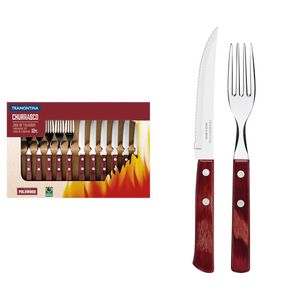 Juego de Cubiertos para Asado Polywood de Acero Inoxidable con Mango Rojo en Madera 12 piezas.