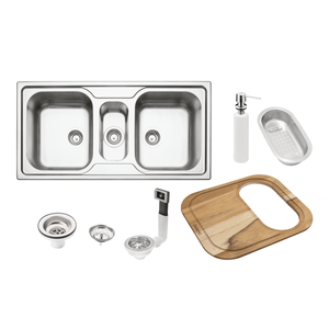 Bacha de Empotrar Marea 2.5C 34 Tramontina de Acero Inox Satinado con Sopapa, Dispenser de Jabón, Tabla y Bandeja 100 x 50 cm