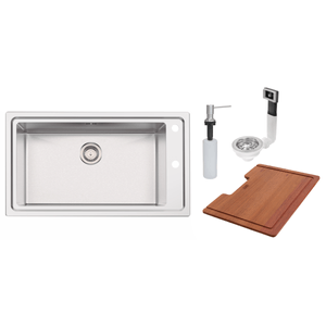 Bacha de Empotrar Square 86 Tramontina de Acero Inox con Tabla de Madera y Dispenser de Jabón