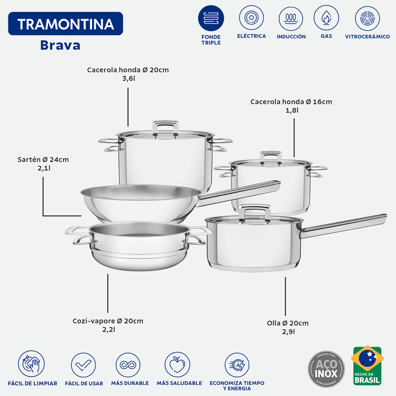 BaterA­a-de-cocina-Tramontina-Brava-de-Acero-Inoxidable-Fondo-Triple-con-Tapa-Plana-5-Piezas