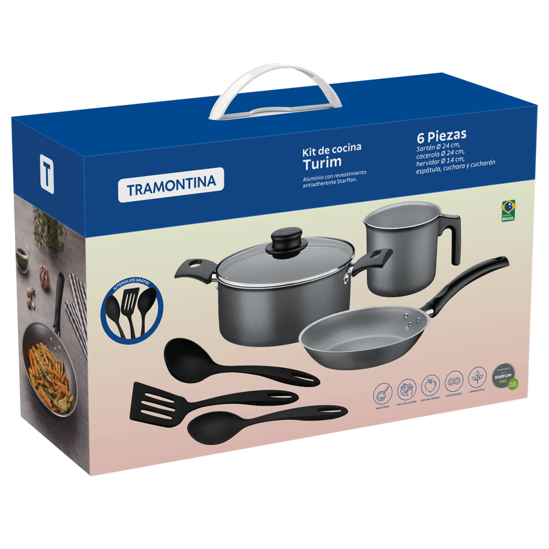 Batería de Cocina Tramontina Turim en Aluminio con Revestimiento Interno y Externo en Antiadherente Starflon Max Plomo 6 Piezas
