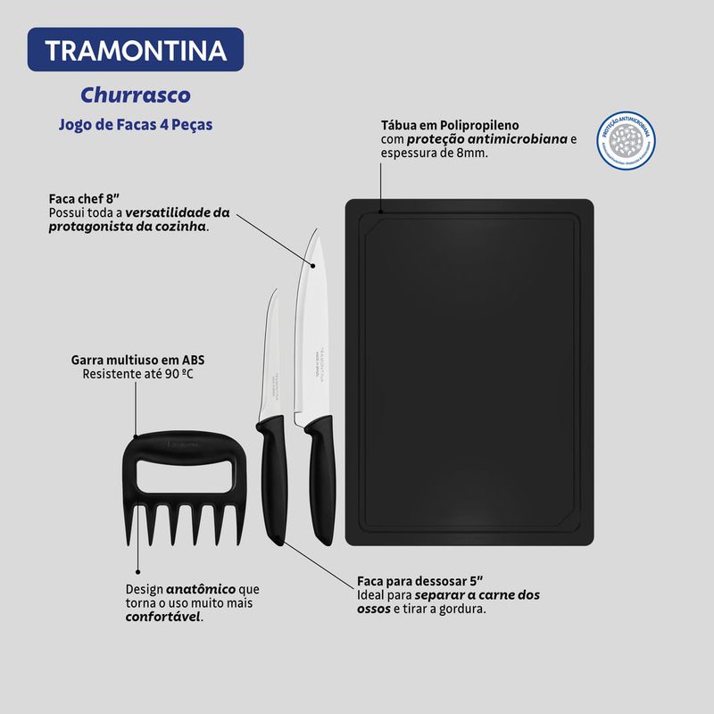 Juego de Cuchillos Tramontina Plenus con Láminas en Acero Inoxidable y Mangos de Polipropileno Negro 4 Piezas