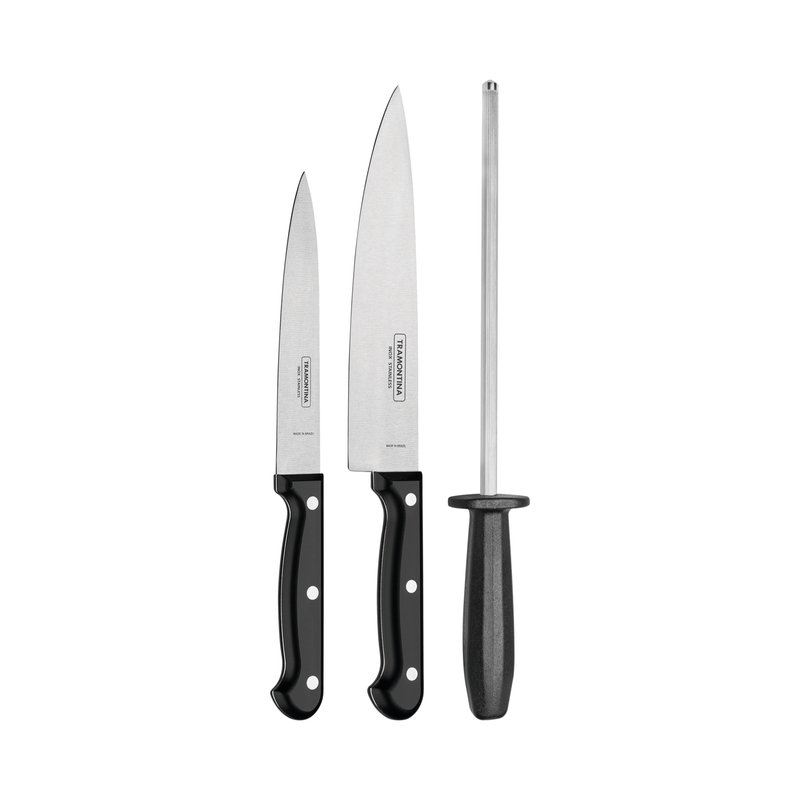 Juego de Cuchillos con Chaira Tramontina Ultracorte con Láminas de Acero Inoxidable y Mangos de Polipropileno Negro 3 Piezas